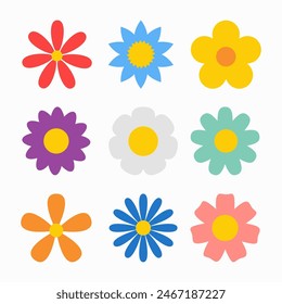 Juego de flores. Colección de flores de colores de primavera. Margarita manzanilla, narciso, flor de sol, crisantemo gerbera. Concepto creciente. Elementos frescos en flor. Diseño plano. Fondo blanco aislado. Vector