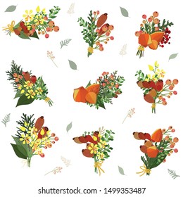 Flower set, Stickers set, Yellow, orange and red flowers, wreaths, and other. Perfect for web, card, poster, cover, tag, invitation, sticker kit. Vector illustration