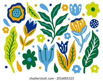 Flower set summer. Naive simple stylized style. Plant and leaves element.Floral collection.Vector illustration.