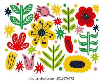 Flower set summer. Naive simple stylized style. Plant and leaves element.Floral collection.Vector illustration.