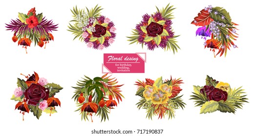 Flower set with tropical bouquets. Decor elements for greeting cards, wedding invitations, birthday and other celebrations. Isolated on white background.