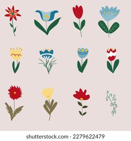 Juego de flor de tulipán, crocus, verano, iconos de primavera.