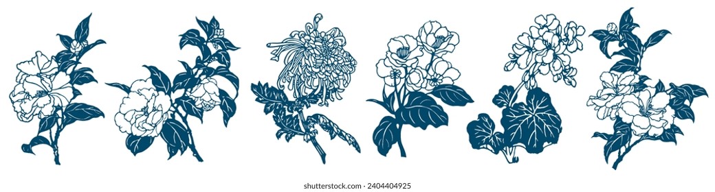 Flower Set. Vector Collection of Hand Drawn Plants. Botanical Set of Sketch Flowers and Branches. Peony, Hip, Rose, Hydrangea, Chamomile Blossom Romantic Set. Black Ink sketches Line Art Botanical.