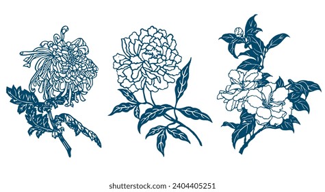 Blumensatz. Vektorgrafik von handgezeichneten Pflanzen. Botanischer Satz von Skizzenblumen und -zweigen. Peony, Hip, Rose, Hydrangea, Kamille Blossom Romantic Set. Schwarze Tintenskizzen Linie Art Botanisch.