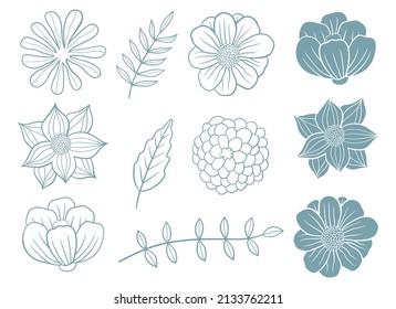 Ilustración de diseño vectorial de conjunto de flores aislada en fondo blanco