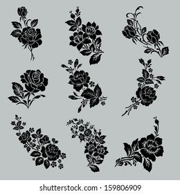 Flower set. Vintage rose collection with , floral elements, buds and leafs