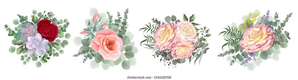 Flower set for your design. Beautiful pink and red roses, succulents, eucalyptus, berries, green plants. Flowers on a white background.