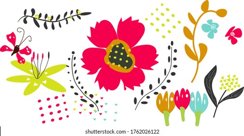 flower set.flowers, leaves, butterflies.isolated on a white background.vector.