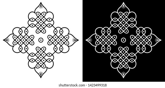 flower shape circles, squares and dots - Indian Traditional and Cultural Rangoli, Alpona, Kolam or Paisley vector line art with dark and white background