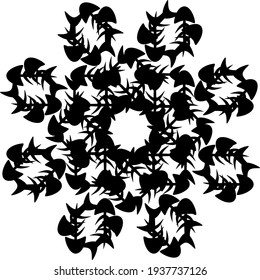 Flower shape composed of multiple hand-drawn fish bones, superimposed forming petals and central circular shape with white space. Black colored vector design with grunge look.