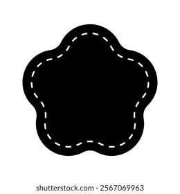 Flower shape with dotted stitches line. Empty tag, patch, box, price label, promo code badge isolated on white background. Cut out pictogram. Vector graphic illustration.