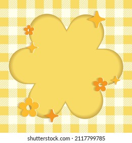 Flower Shape Frame Border Yellow Pastel Abstract 3D Layer Cutout Paper Card Gingham Checkered Pattern Square Background  Crop Web Banner Marketing Advertising Template Free Blank Space