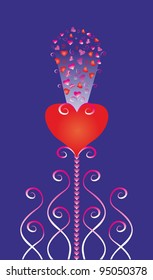 Flower in the shape of a heart. Heart seeds fly out of the heart. Symbol of love and life. Graphic abstract vector illustration. Postcard print, template, seamless background. Design for print, decor,