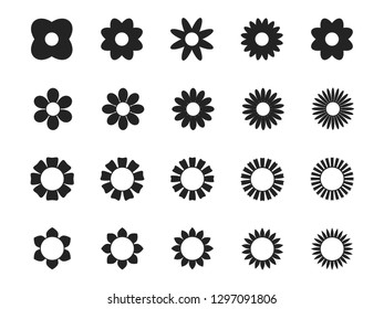 Flower shape icons set. Black and white flowers, isolated on white background. Vector illustration.