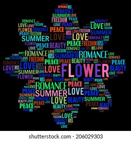 flower shape made of colorful words isolated on black background