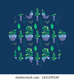 Flower shape made of house plants in design pots with faces. Pattern with indoor plants in trendy blue and green colors. Flat style vector illustration. Isolated. Greeting card template