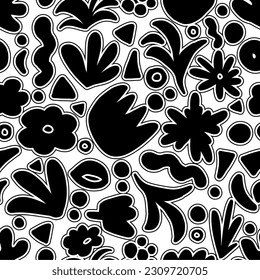 flower shape monochromatic black white vector seamless pattern