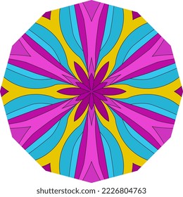 Flor en forma de polígono con tonos amarillos, azules, burdeos y rosas sobre un fondo blanco