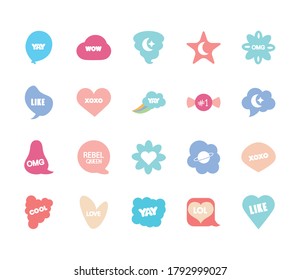 conjunto de iconos de forma de flor y burbujas de argot sobre fondo blanco, estilo de relleno de línea, ilustración vectorial