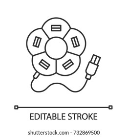 Flower shape USB hub linear icon. Thin line illustration. Multi plug. Contour symbol. Vector isolated outline drawing. Editable stroke