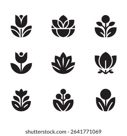 flower shape vector, floral icon set, flowers vector silhouette, symmetrical floral patterns, lotus, petals, abstract blossoms, nature design floral elements illustrations
