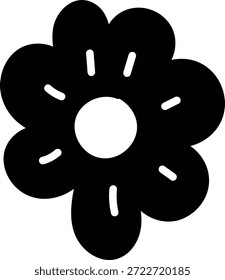 Blütenförmiger Donut mit rundem Loch und Glasur Sprinklspuren, kräftige Kontur und saubere Silhouette. Symbol für Süße, Bäckerei Leckerbissen, Snack, Genuss, und Spaß Branding. Cartoon, Vektorgrafik.