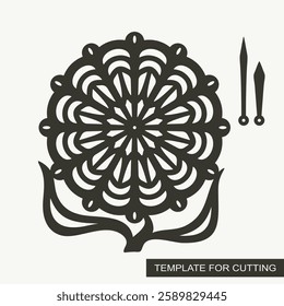 Flower shaped wall clock. Round floral dial with stem, leaves, hour and minute hands. Template for plotter laser cutting of paper, fretwork, wood carving, metal engraving, cnc. Vector illustration.