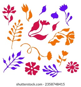 Formas de flores y conjunto de vectores de elementos de diseño de garabatos. Flora y planta de jardín