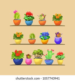 Flower shelf. Flowering plants in colored pots. Isolated icons. Vector illustration

