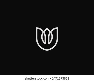 Flower shield vector logo. Linear tulip crown premium icon logotype.