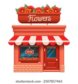 Flower shop. 3d shop. Store icon. Vector clipart isolated on white background. 