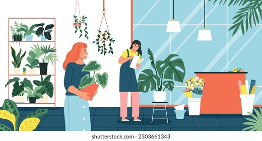 Flower shop background with florist symbols flat vector illustration