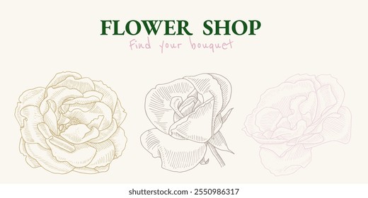 Flower shop background. Roses banner template. Floral backdrop for beauty business. Vector illustration