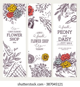 Flower shop banner collection. Linear graphic. Top view vintage illustration