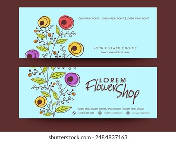 Flower Shop Banner or Header Design Decorated with Colorful Doodle Floral Ornaments in Two Options.