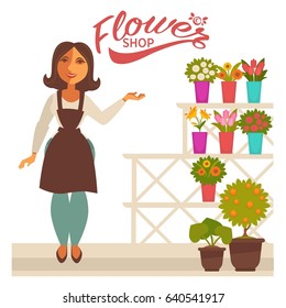 Flower shop banner with woman florist and fresh flowers in pots vector