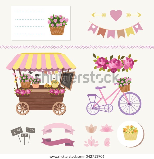 Flower\
Shop with basket of flowers. Stand on wheels with flowers. Vector\
illustration. Cartoon market store car icon. Flower shop visit card\
template with bicycle , heart, price and\
ribbon.