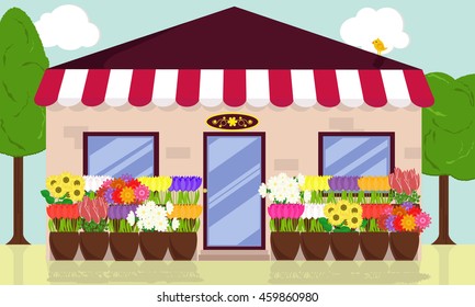 flower shop with a bird on a sunny day among the trees