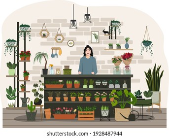 Flower shop, boutique of floristics and gifts, a large selection of potted plants, flowers in vases, ficuses, cacti, monsters, tulips, hanging planters, bouquets. Vector illustration.