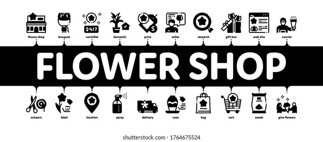 Flower Shop Boutique Minimal Infographic Web Banner Vector. Flower Store Building And Delivery, Floral Present And Vase, Internet Web Site And Bag Illustration