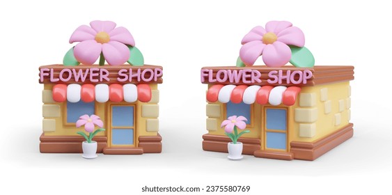 Flower shop building in cartoon style. Color 3D vector illustration. Front and side view. Huge decorative flower on roof. Florist, landscape designer services