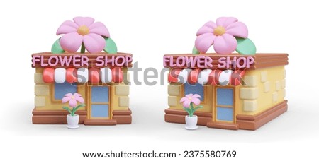 Flower shop building in cartoon style. Color 3D vector illustration. Front and side view. Huge decorative flower on roof. Florist, landscape designer services