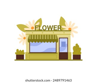Edificio de floristería con manzanilla y decoración de hojas en el techo y plantas en Ilustración vectorial de macetas