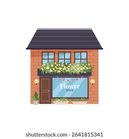 Flower shop building. Front view of shop with blooming flowers, large display window, and decorative garland. Isolated flat illustration on white background for retail, business, and nature themes.
