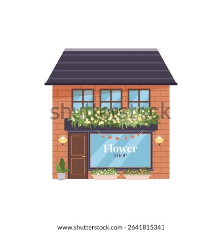 Flower shop building. Front view of shop with blooming flowers, large display window, and decorative garland. Isolated flat illustration on white background for retail, business, and nature themes.