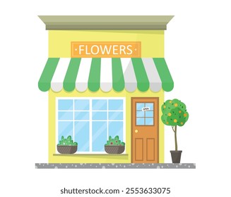 Flower shop building icon with orange tree at the entrance. Vector illustration in cartoon style.