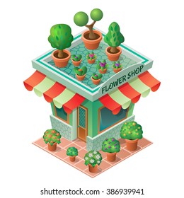 Flower Shop Building Isolated Icon In Spring And Summer  Time. Isometric View. Vector Illustration.