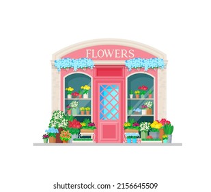 Flower shop building storefront facade. City store, local business kiosk vector retro design glass showcase with live garden flowers in pots and trays, bouquets in buckets