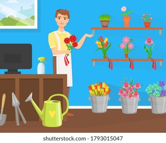 Flower Shop, Cheerful Young Man Florist in Apron Making Bouquet of Flowers Flat Vector Illustration