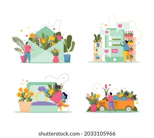 Composición de la tienda de flores establecida con símbolos empresariales ilustración vectorial aislada plana